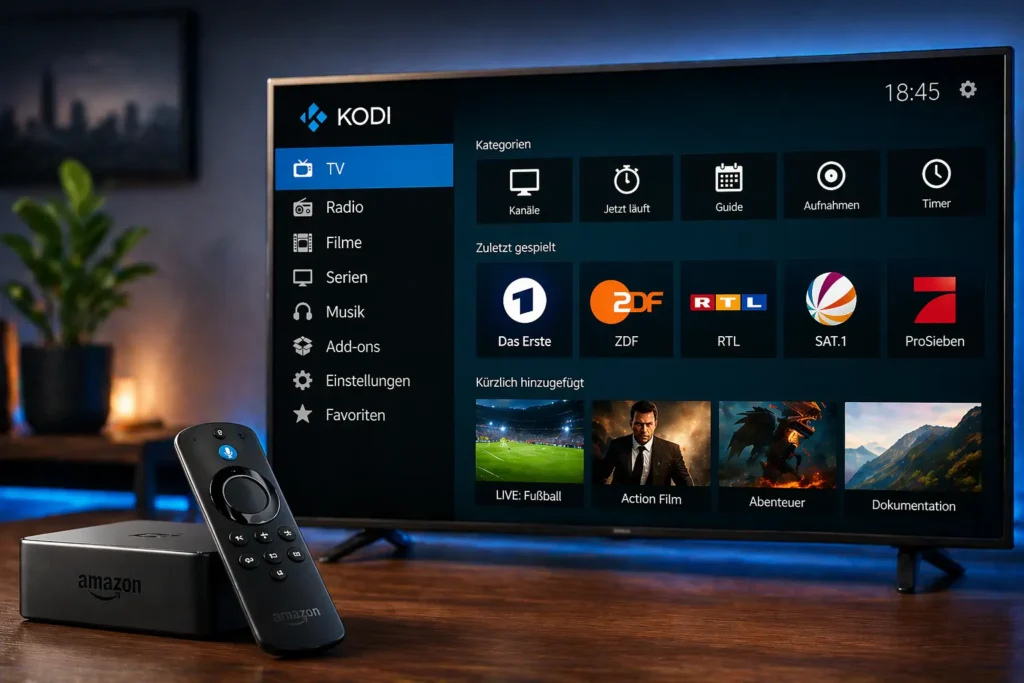 Bester IPTV auf Kodi mit Live TV Streaming, Kodi Oberfläche, IPTV Senderliste und Streaming Box im modernen Wohnzimmer